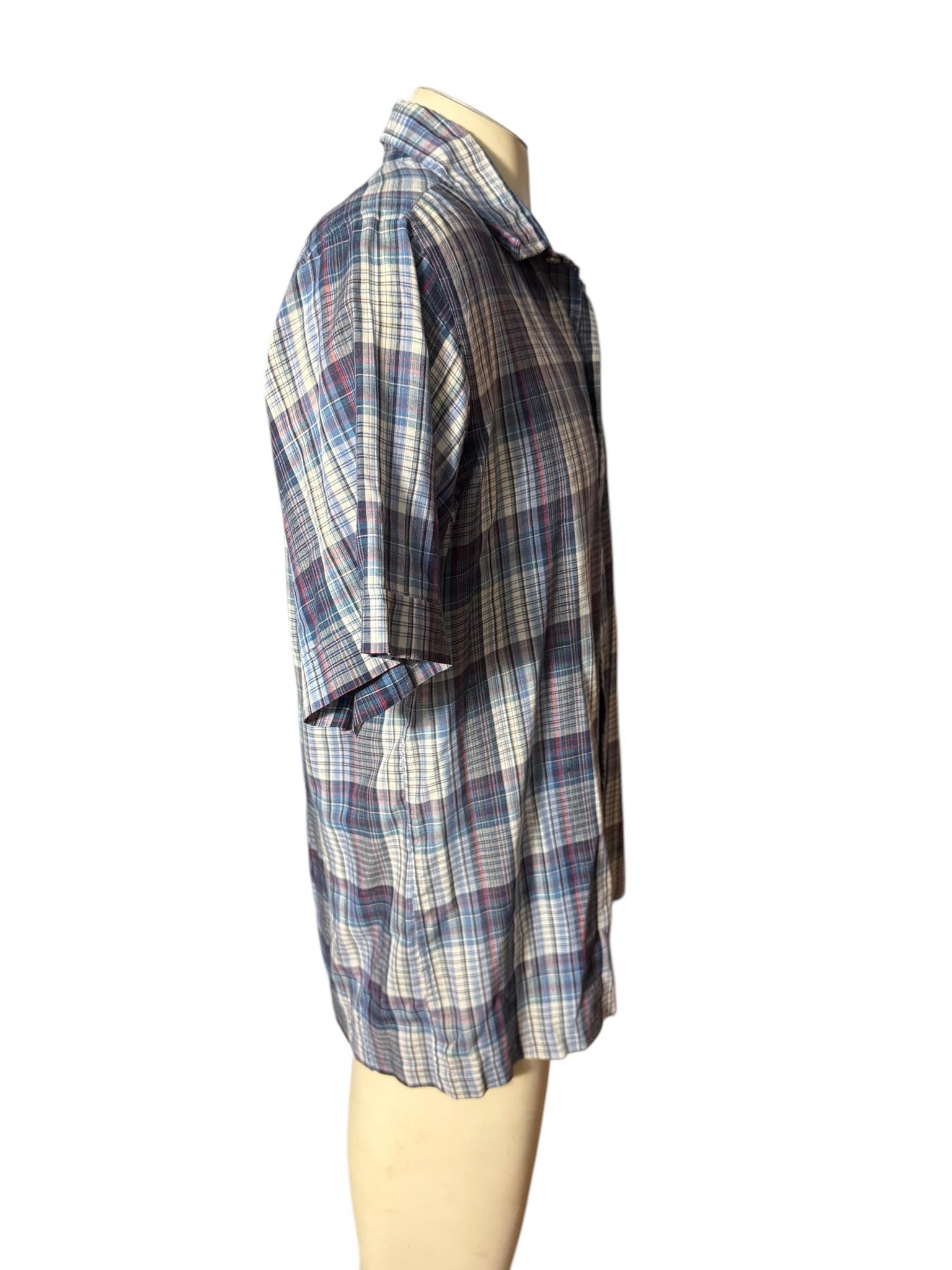 Vintage men's blue plaid 70's button up shirt L Rubenstein Brothers