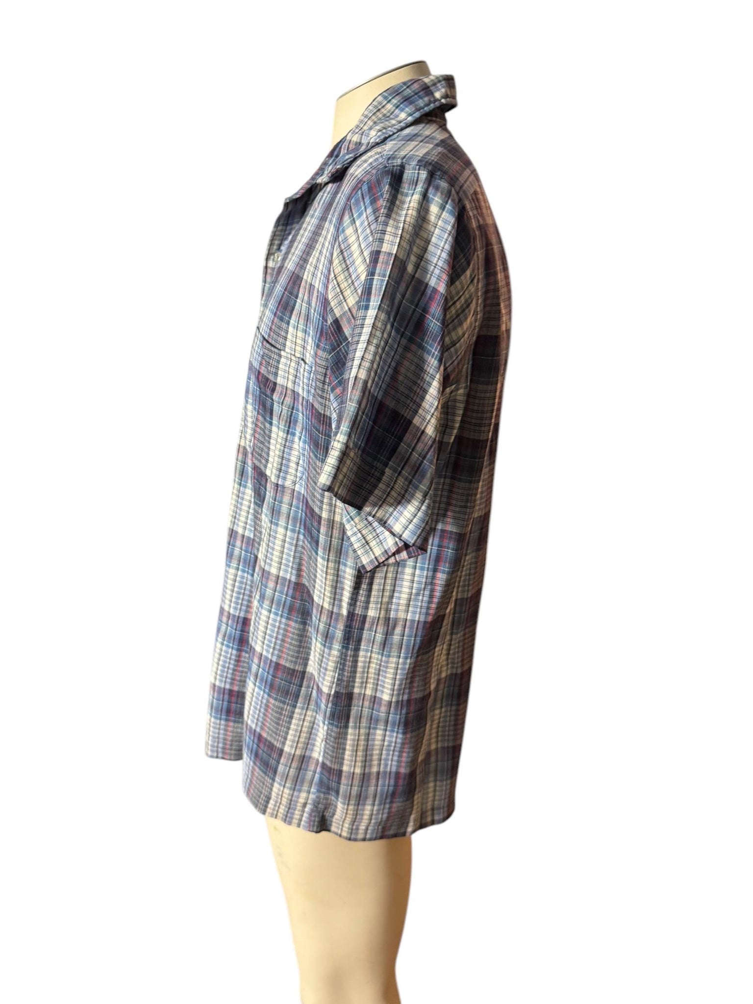 Vintage men's blue plaid 70's button up shirt L Rubenstein Brothers
