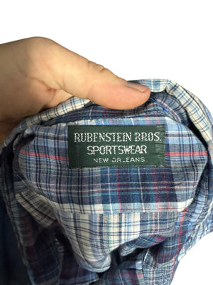 Vintage men's blue plaid 70's button up shirt L Rubenstein Brothers