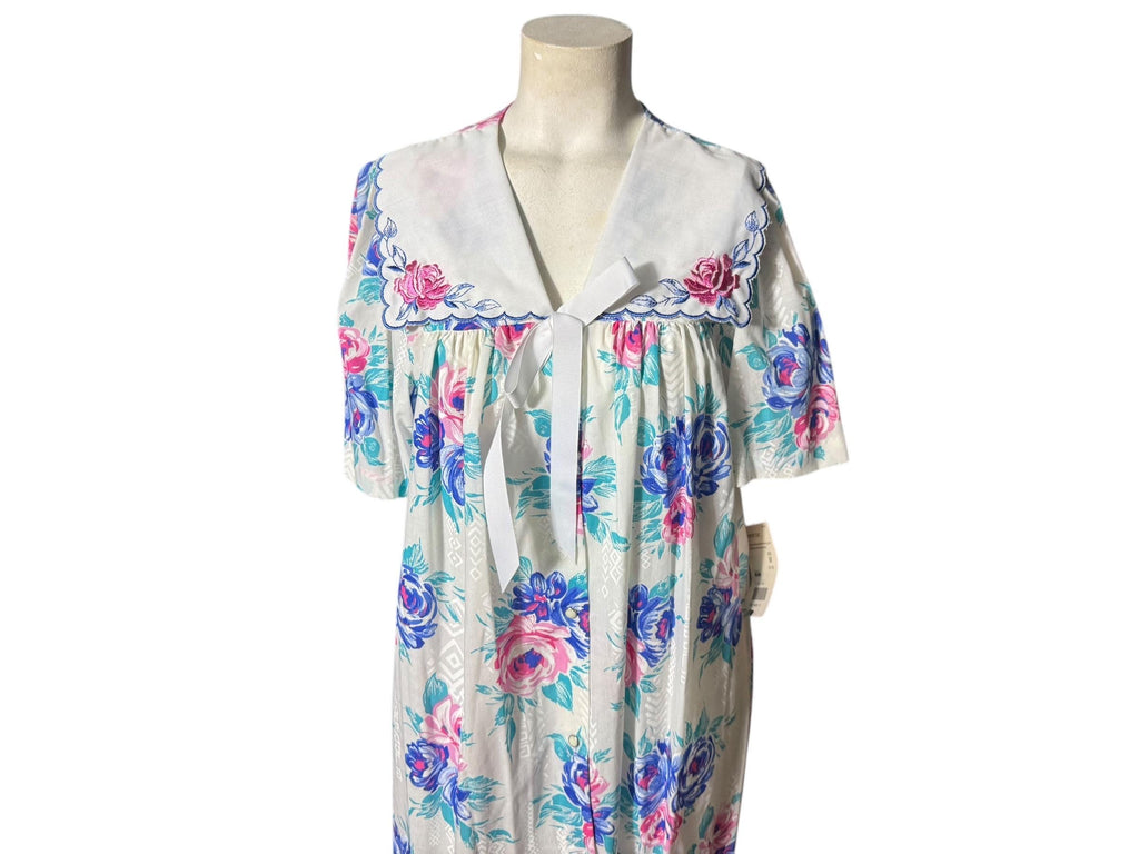 Vintage 80's cotton pink rose robe house dress M deadstock