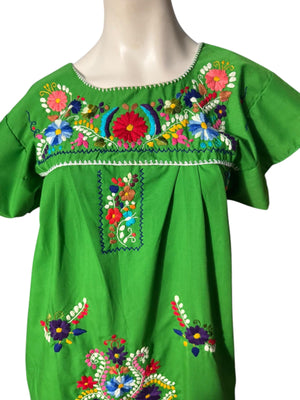 Vintage green mexican embroidered dress XS S