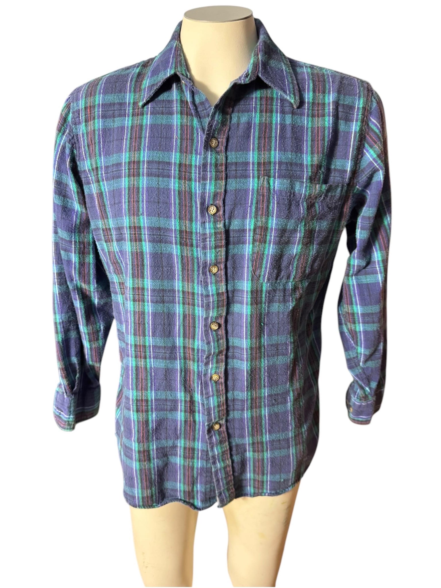 Vintage Manhattan plaid flannel shirt M blue & green