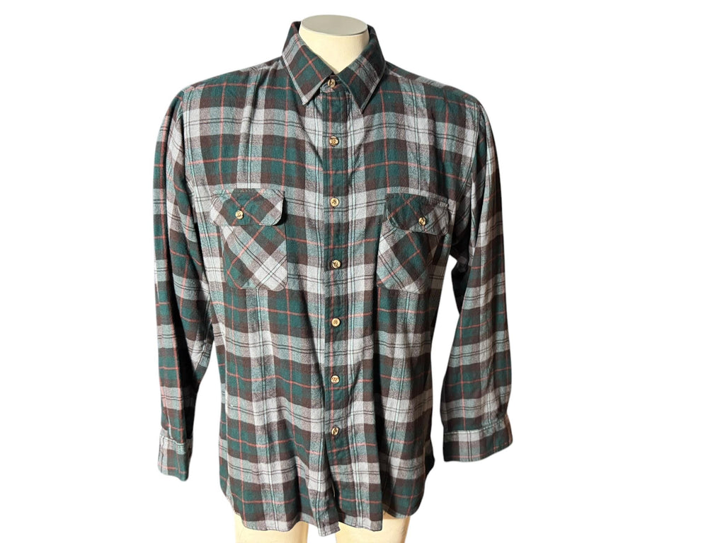 Vintage plaid flannel gray & green shirt M Country Touch