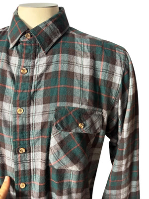 Vintage plaid flannel gray & green shirt M Country Touch