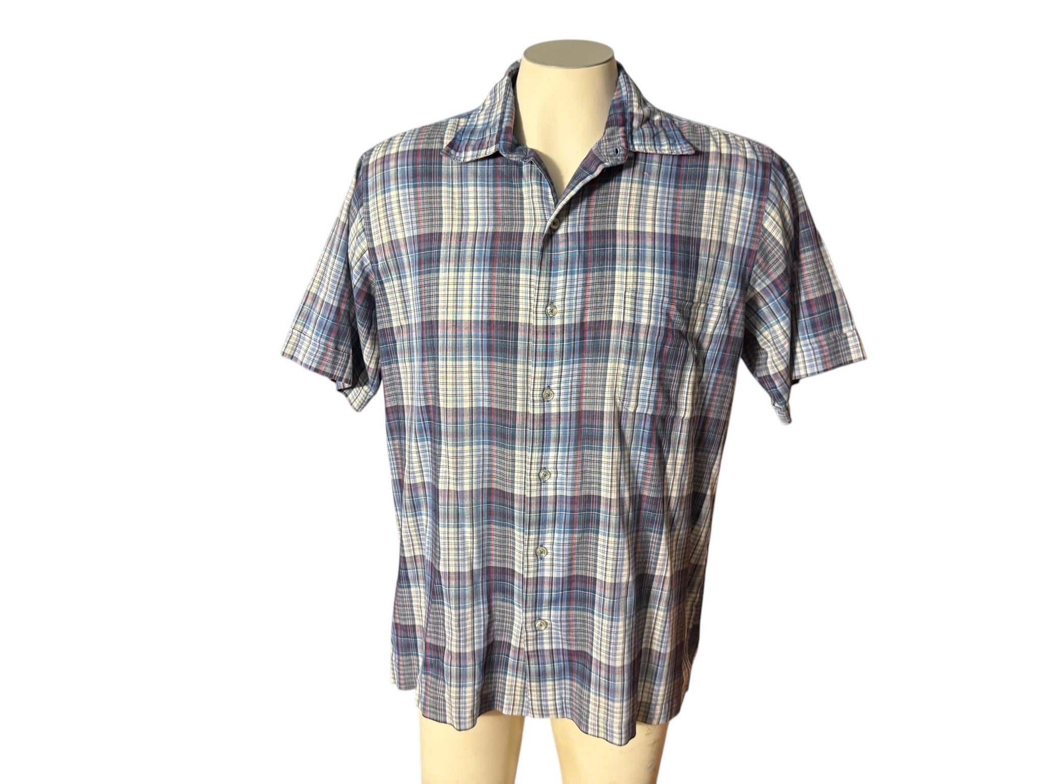Vintage men's blue plaid 70's button up shirt L Rubenstein Brothers