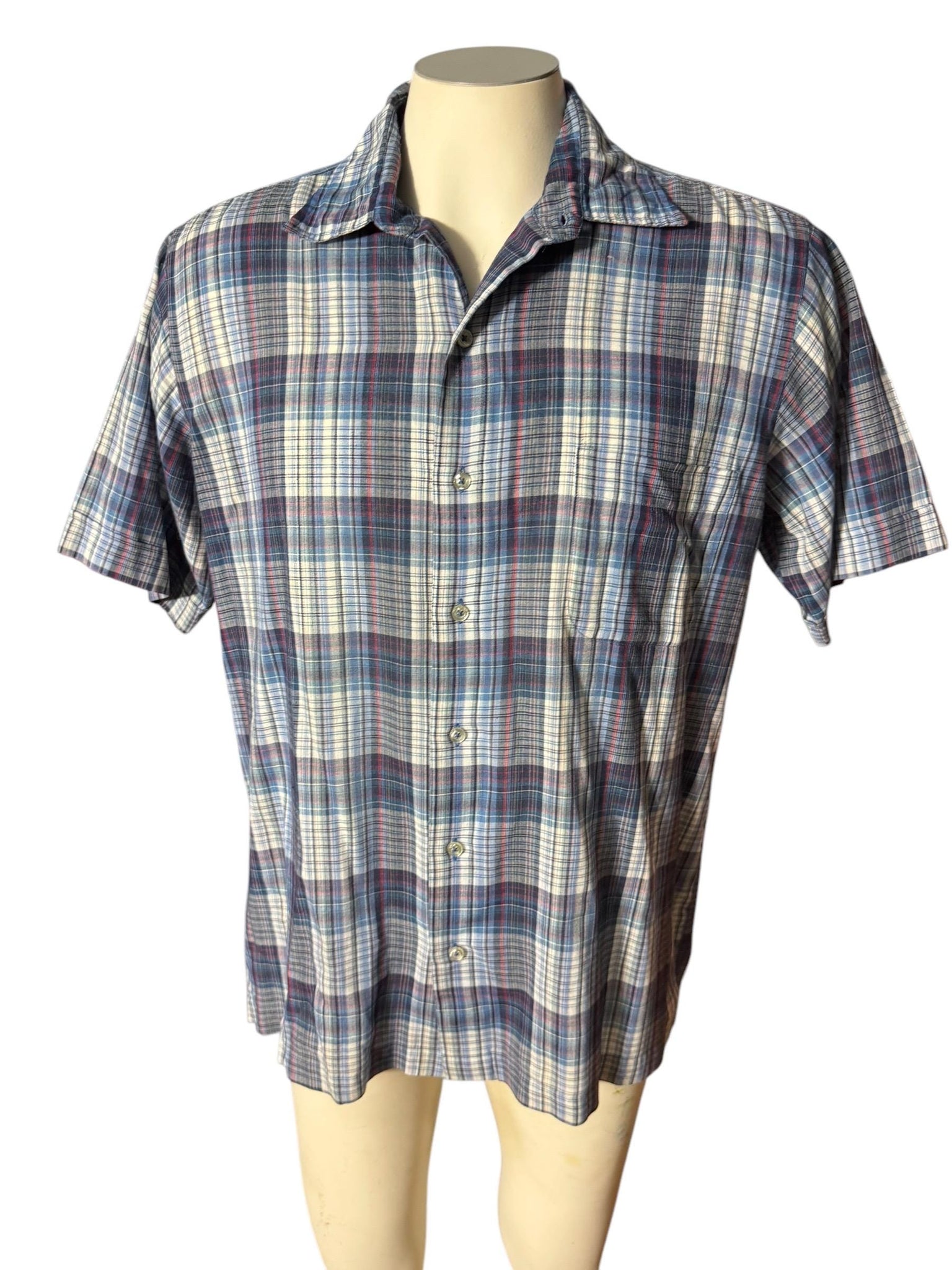 Vintage men's blue plaid 70's button up shirt L Rubenstein Brothers