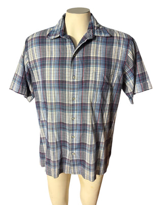 Vintage men's blue plaid 70's button up shirt L Rubenstein Brothers