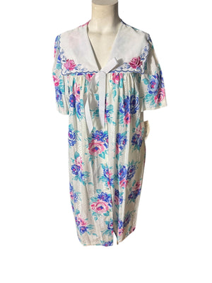 Vintage 80's cotton pink rose robe house dress M deadstock