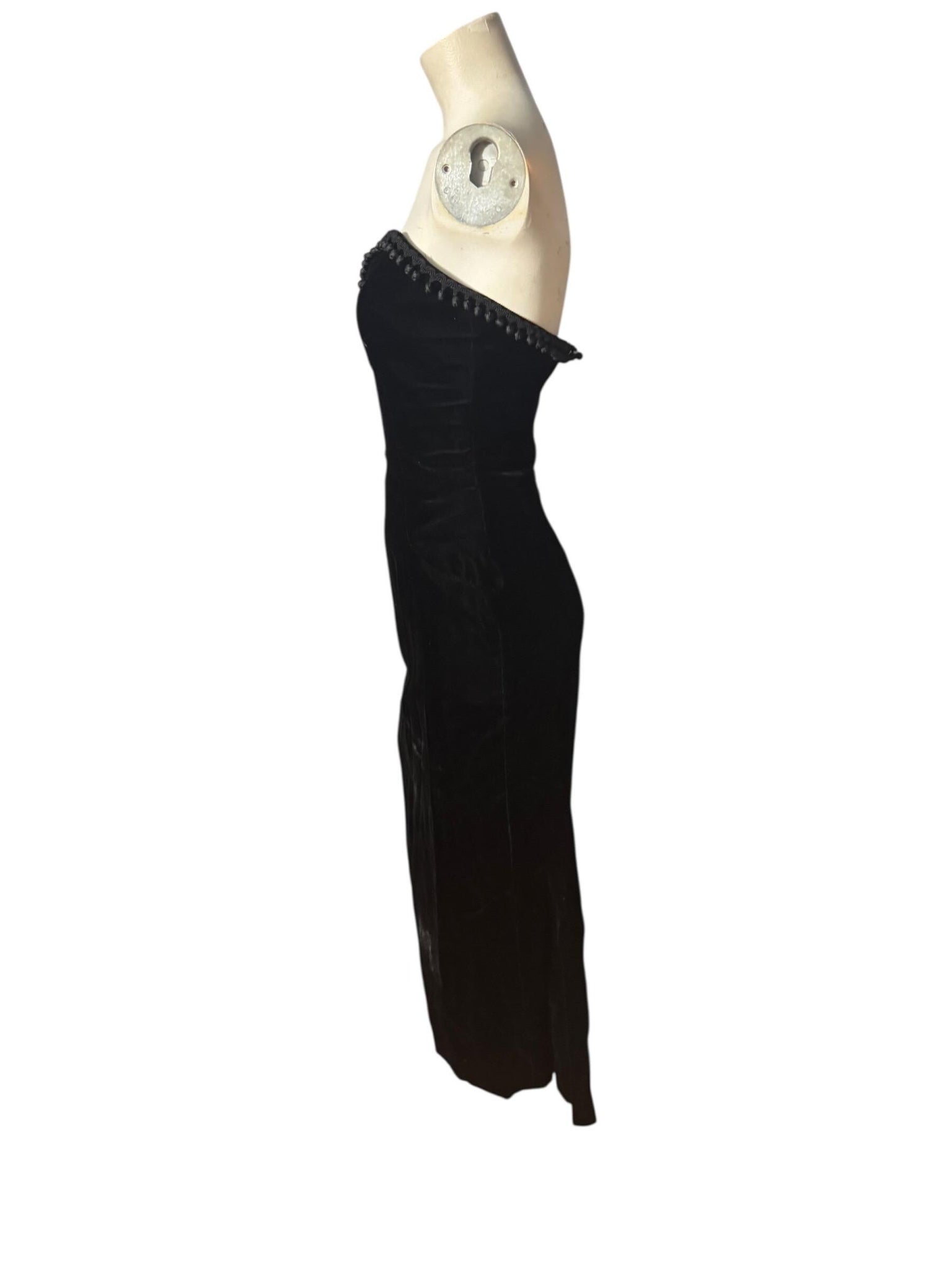 Vintage 80’s black velvet long dress pom poms 2 S XS