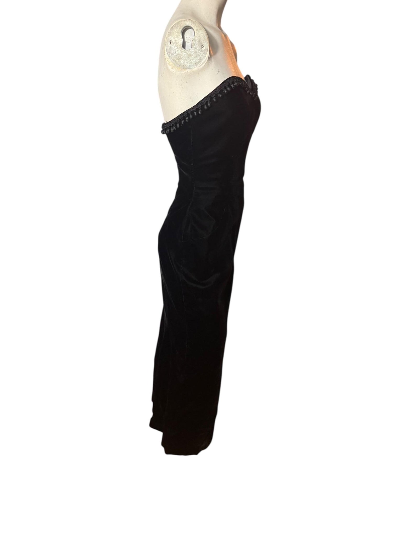 Vintage 80’s black velvet long dress pom poms 2 S XS