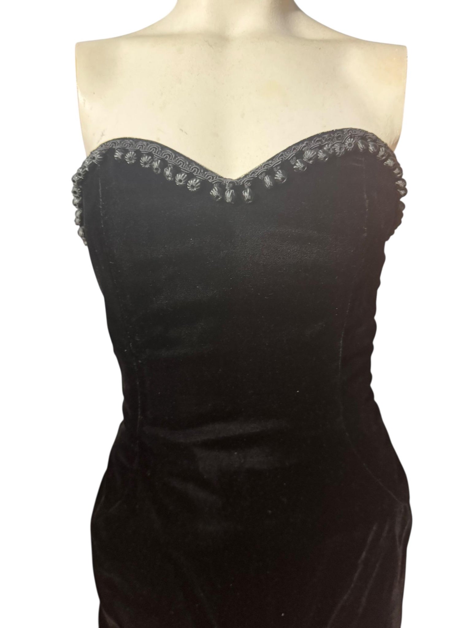 Vintage 80’s black velvet long dress pom poms 2 S XS