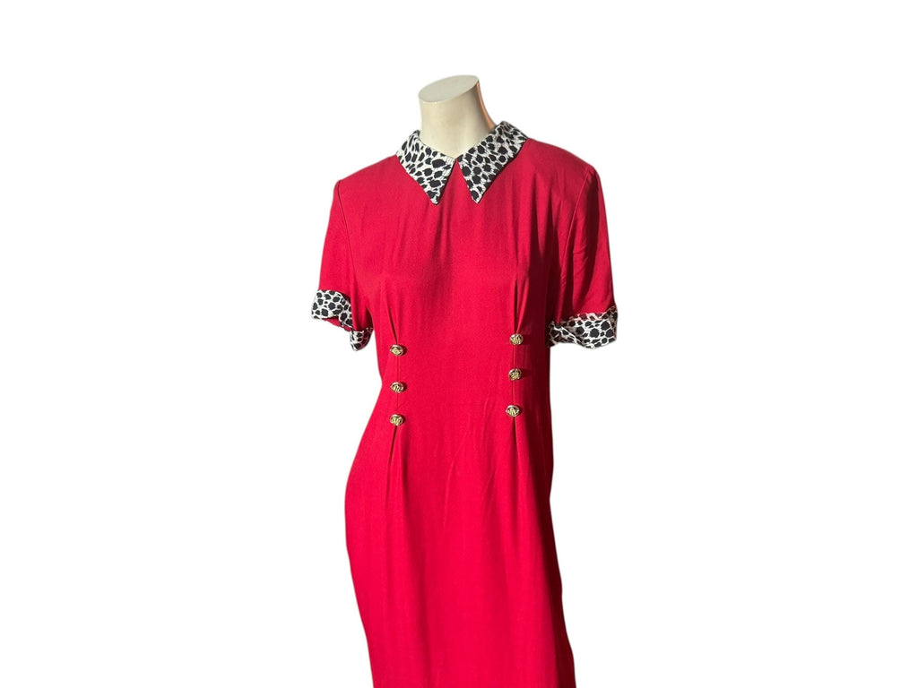 Vintage red 80's leopard collar dress L 12 Leni Leni
