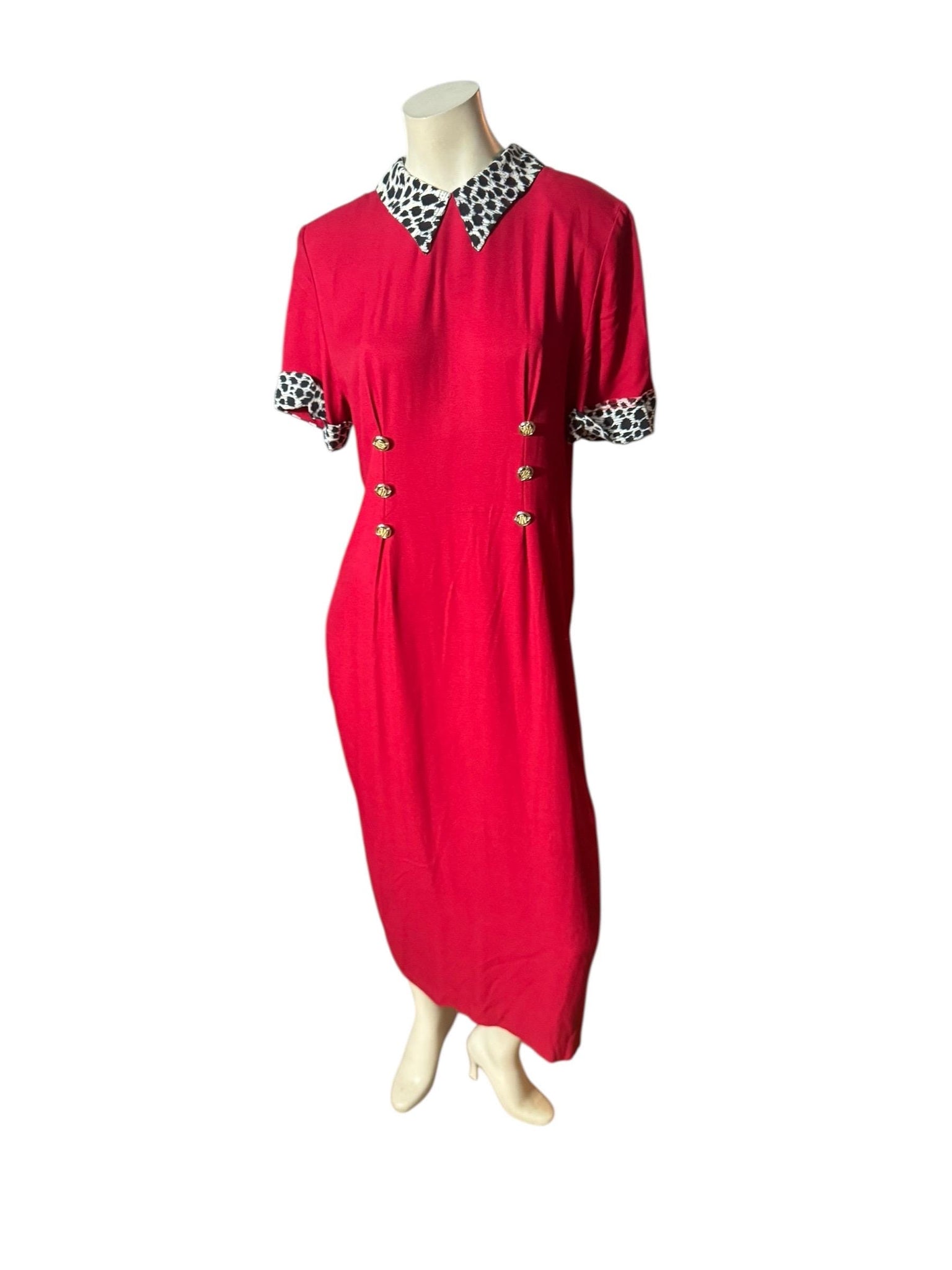 Vintage red 80's leopard collar dress L 12 Leni Leni