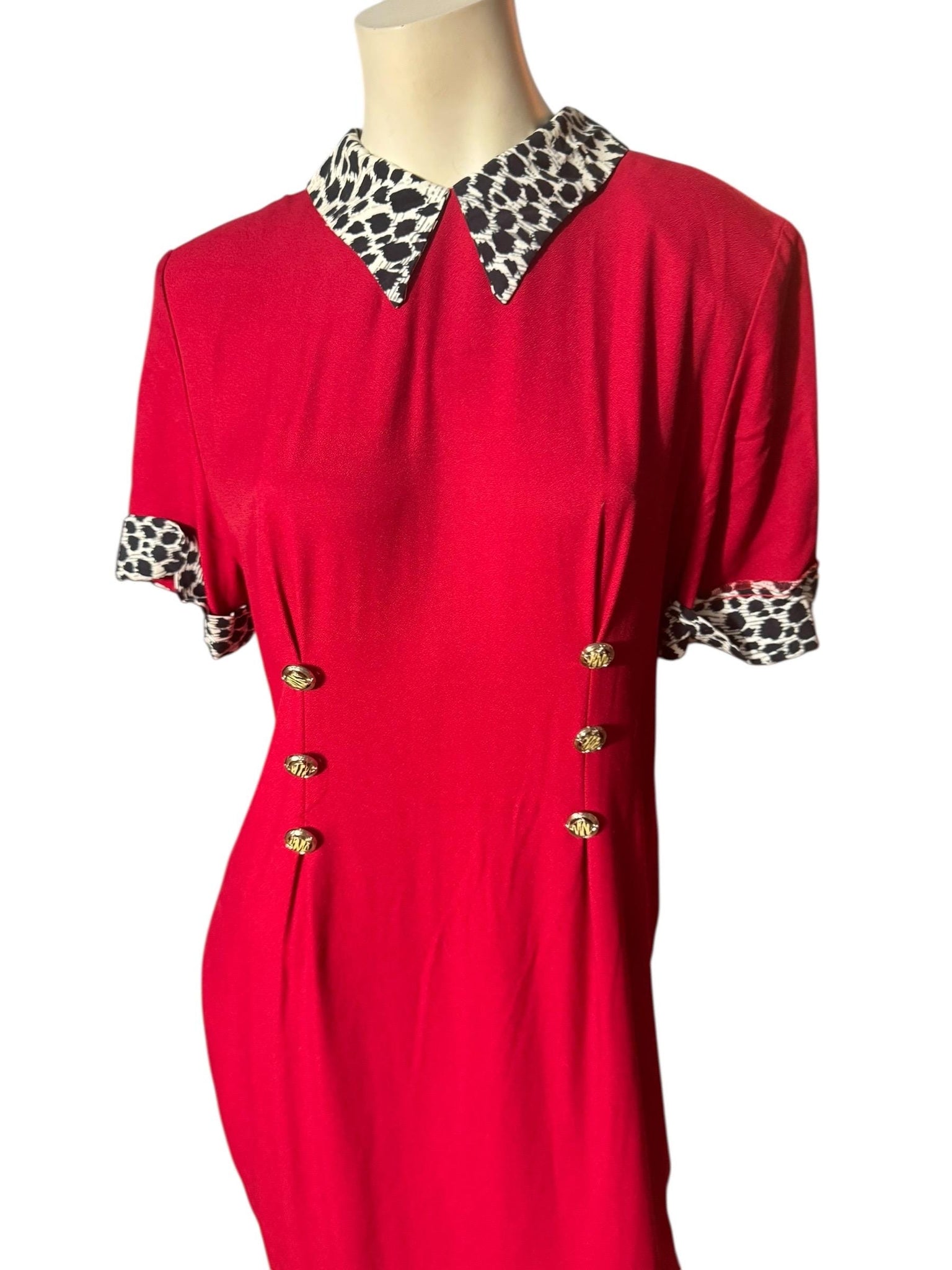 Vintage red 80's leopard collar dress L 12 Leni Leni