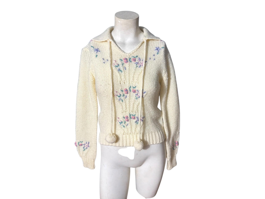 Vintage 70's floral sweater S XS pom poms Sweater Teas