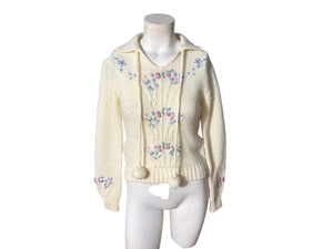Vintage 70's floral sweater S XS pom poms Sweater Teas