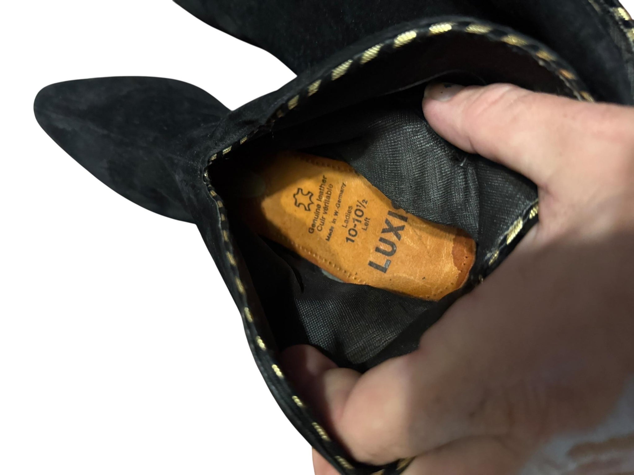 Vintage 80's black & gold suede pixie boots 10 N