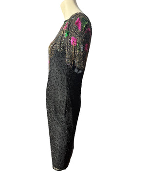 Vintage black & pink sequin bead dress M Gold Star