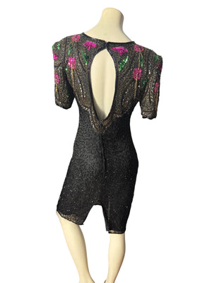 Vintage black & pink sequin bead dress M Gold Star