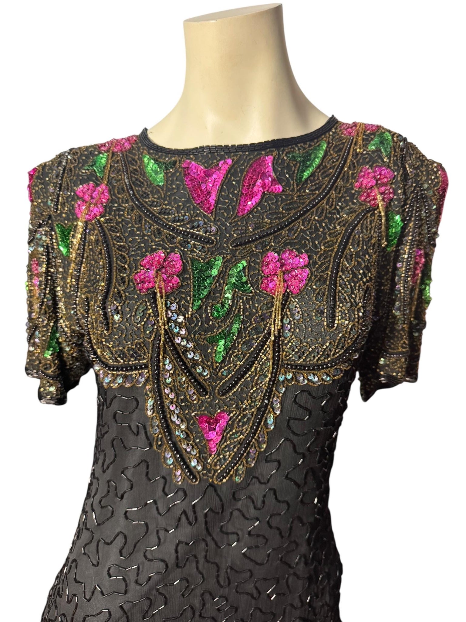 Vintage black & pink sequin bead dress M Gold Star