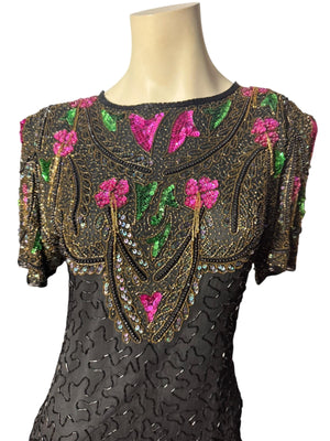 Vintage black & pink sequin bead dress M Gold Star