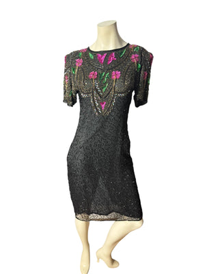 Vintage black & pink sequin bead dress M Gold Star