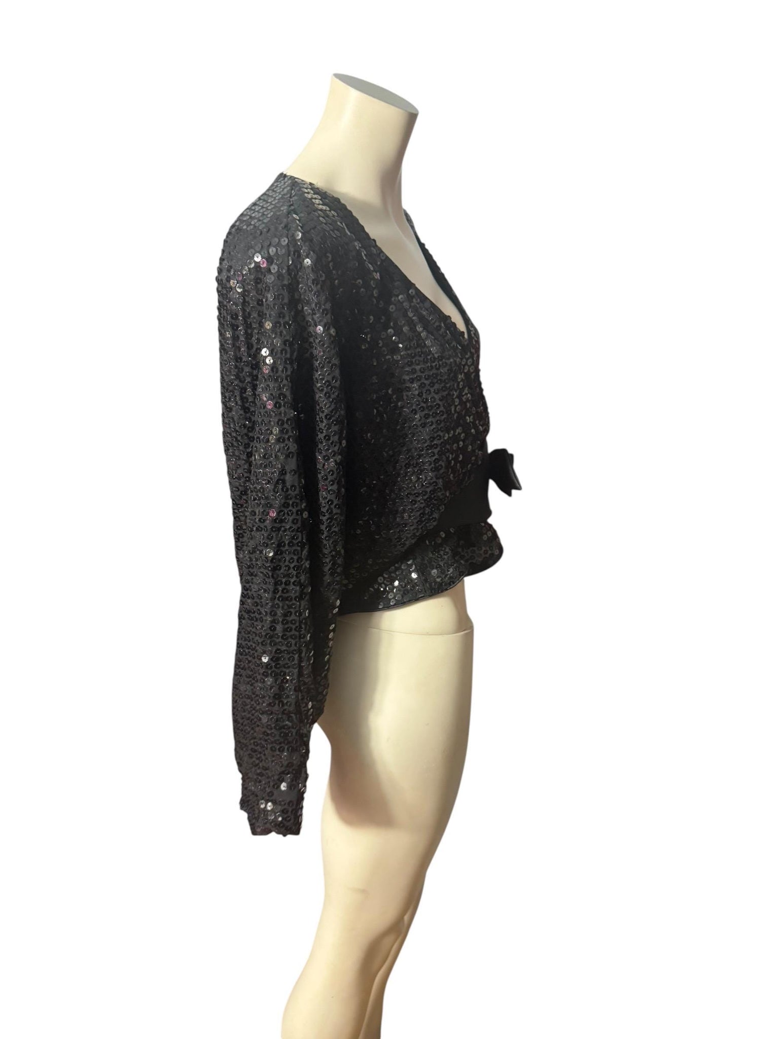 Vintage 80's black sequin wrap top M L