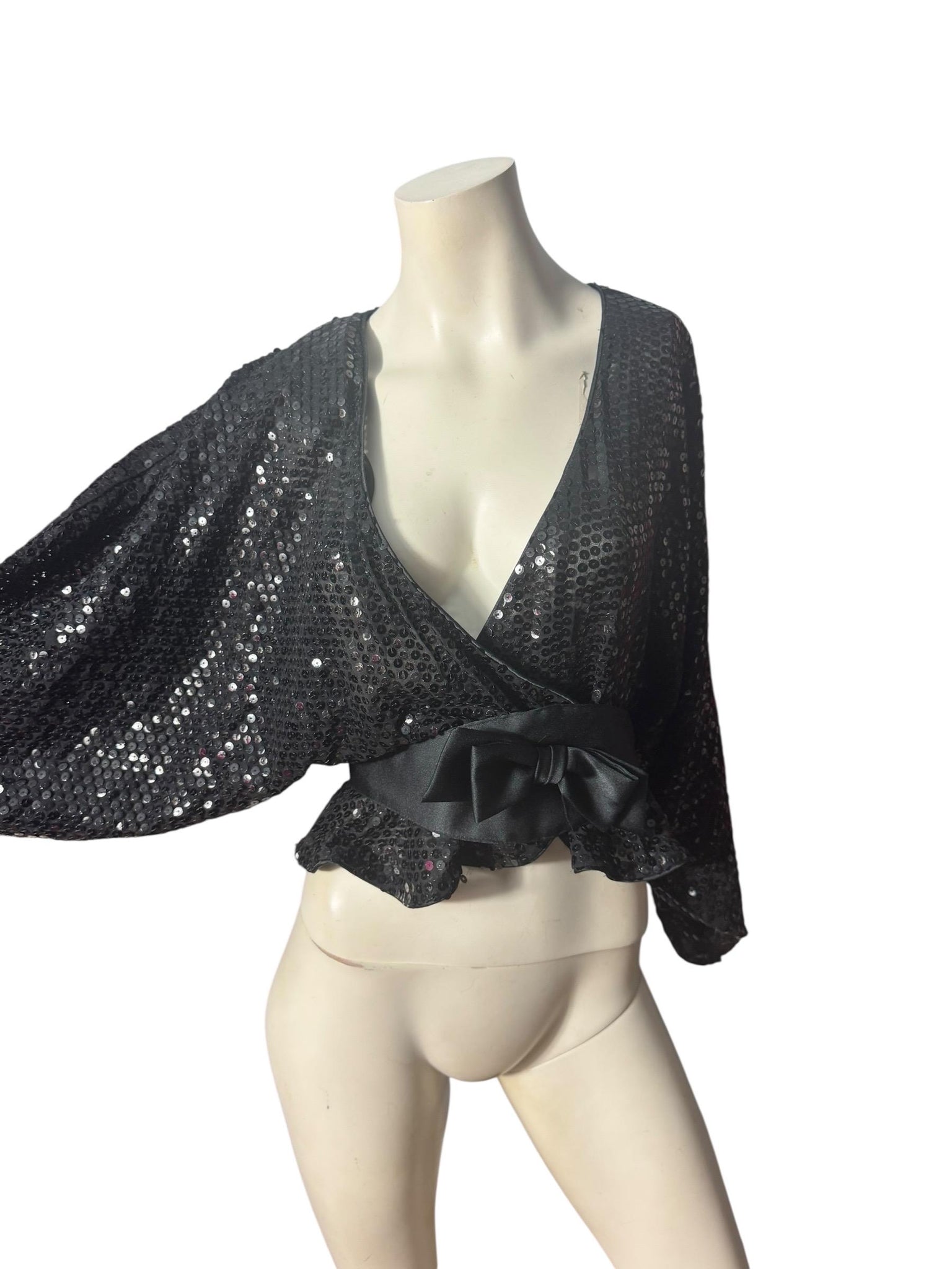 Vintage 80's black sequin wrap top M L