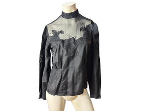 Vintage 80's black silk Victorian blouse 10