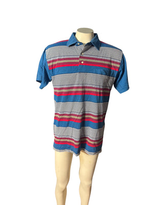 Vintage 80's men's polo shirt L blue stripe