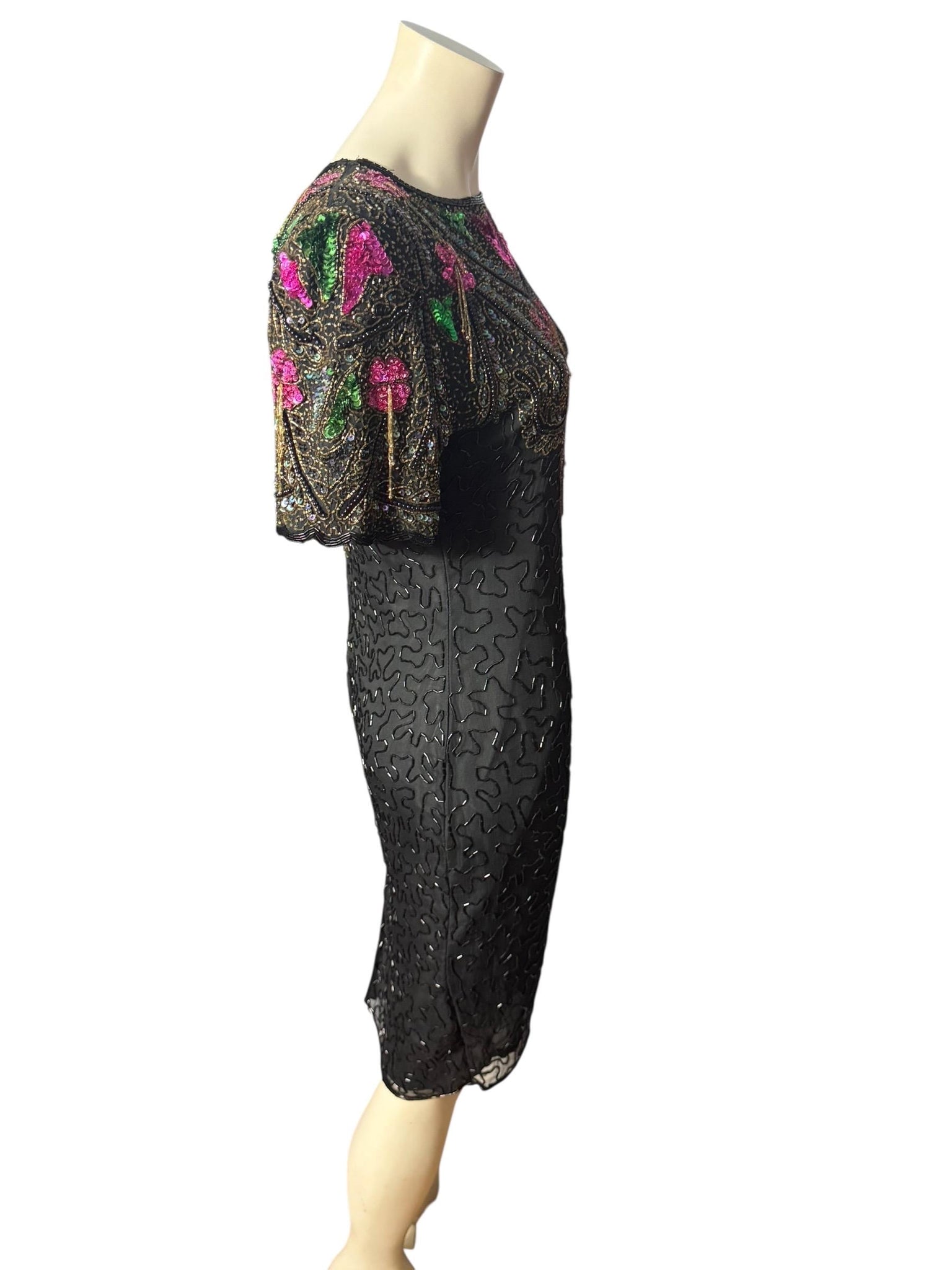 Vintage black & pink sequin bead dress M Gold Star
