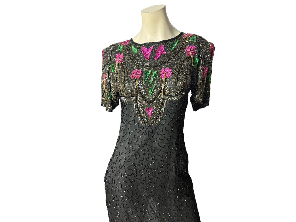 Vintage black & pink sequin bead dress M Gold Star