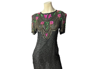 Vintage black & pink sequin bead dress M Gold Star