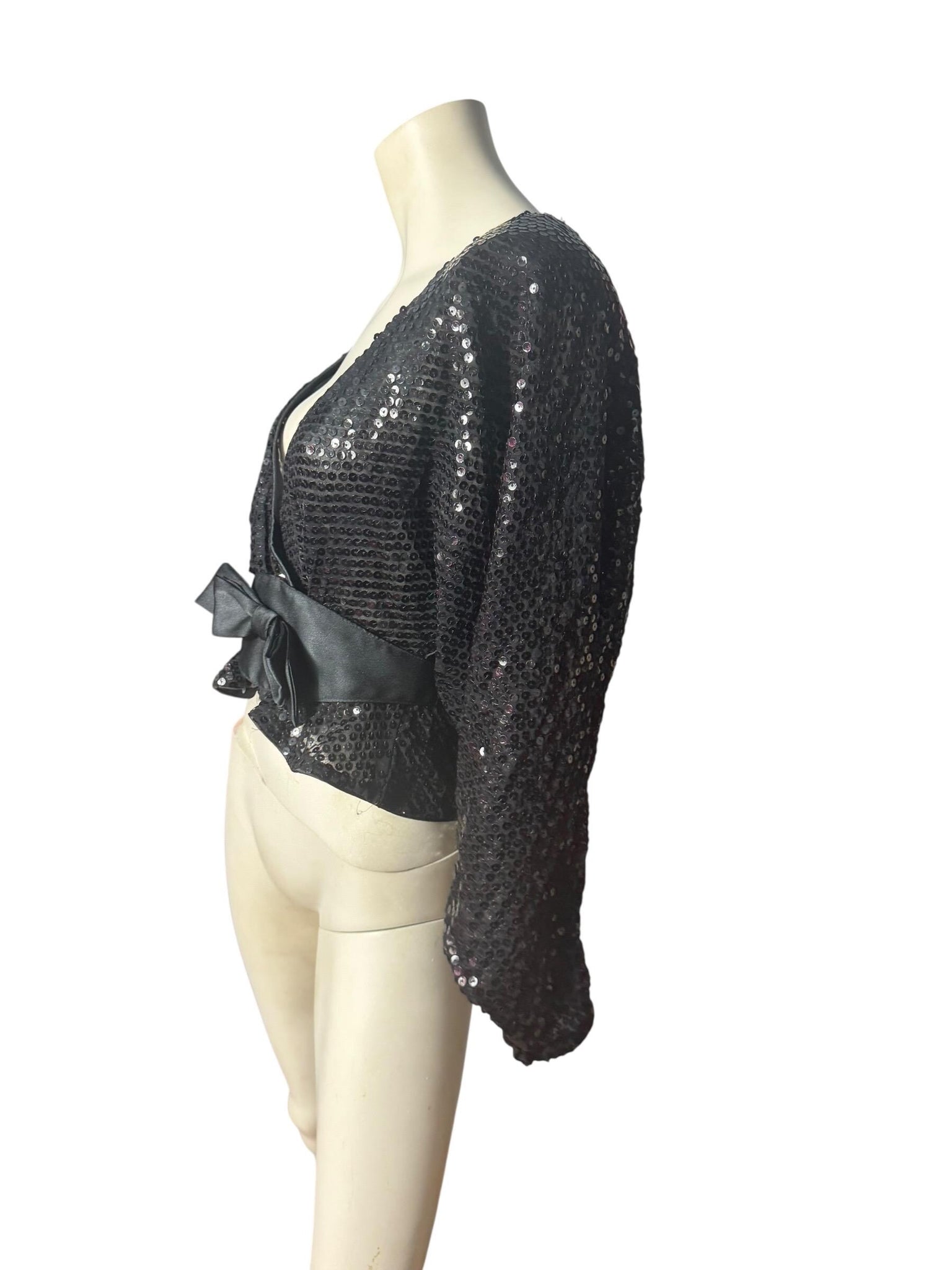 Vintage 80's black sequin wrap top M L