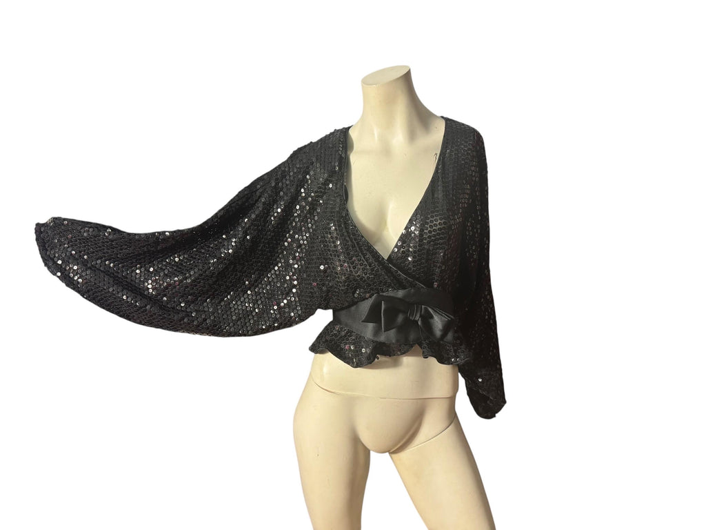 Vintage 80's black sequin wrap top M L