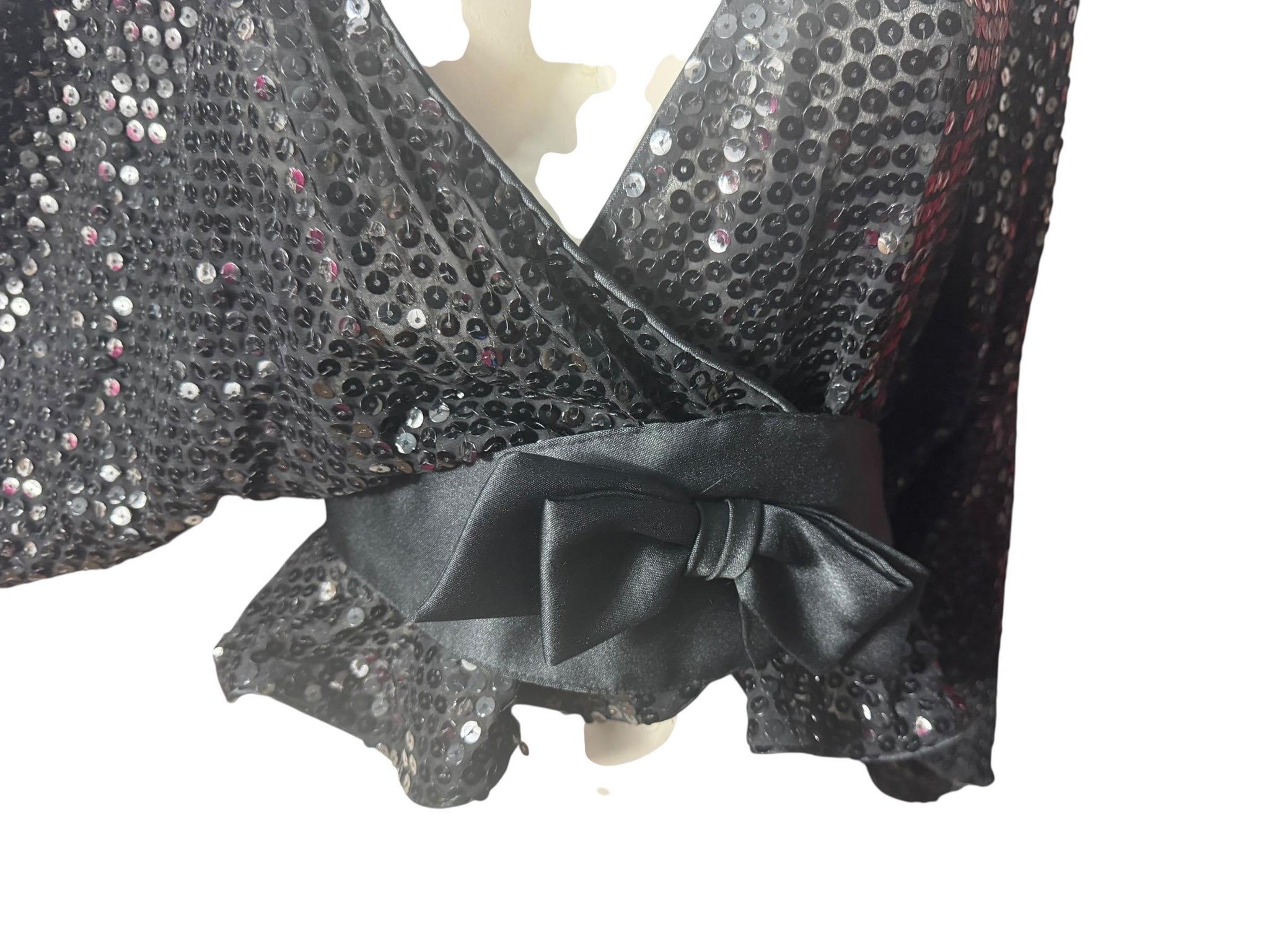 Vintage 80's black sequin wrap top M L