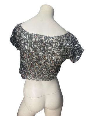 Vintage 80's black silver sequin half top M