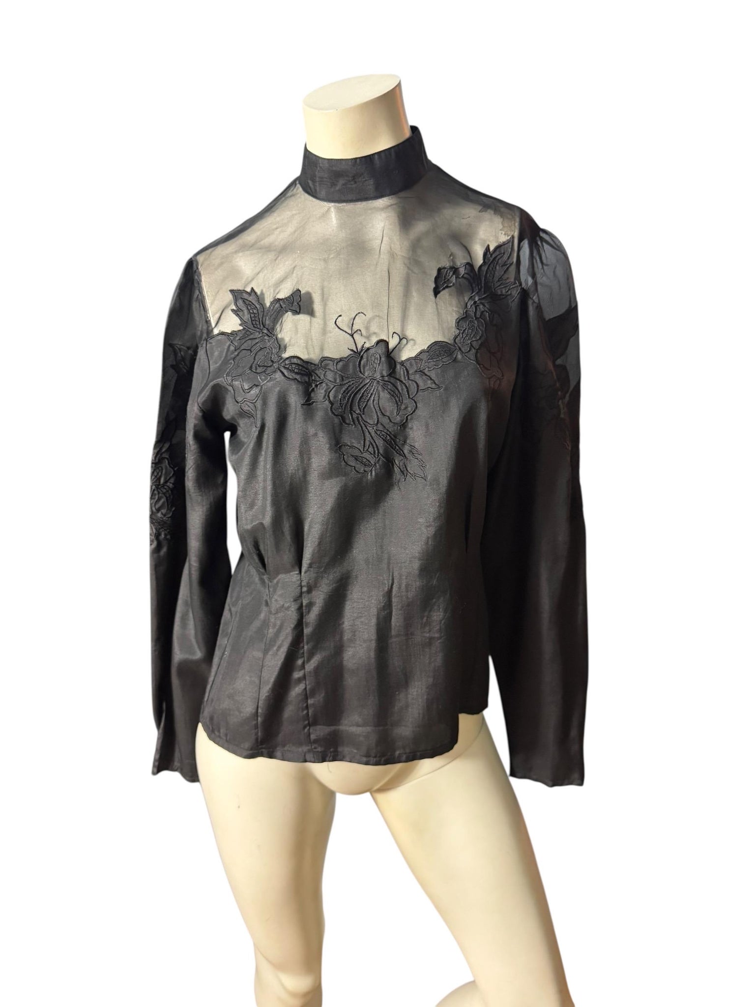Vintage 80's black silk Victorian blouse 10