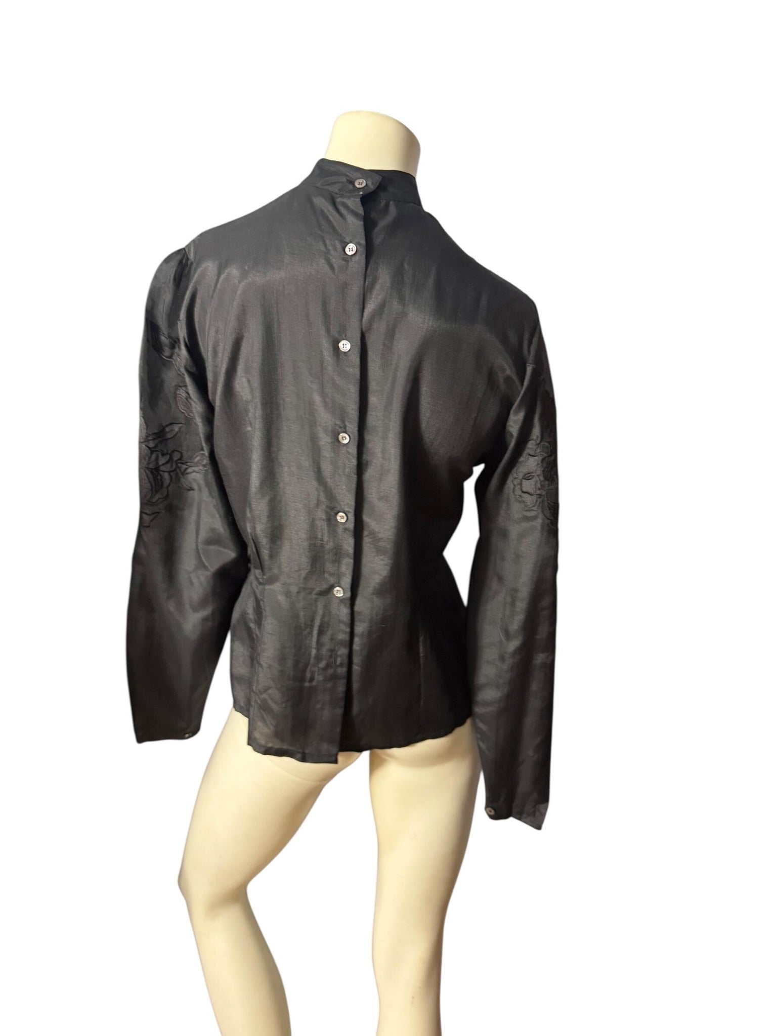 Vintage 80's black silk Victorian blouse 10