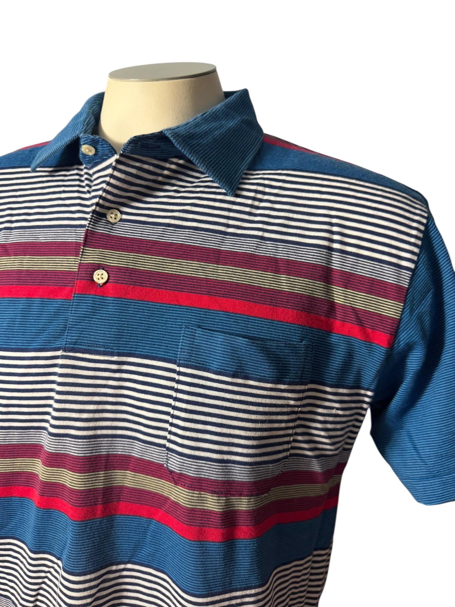 Vintage 80's men's polo shirt L blue stripe