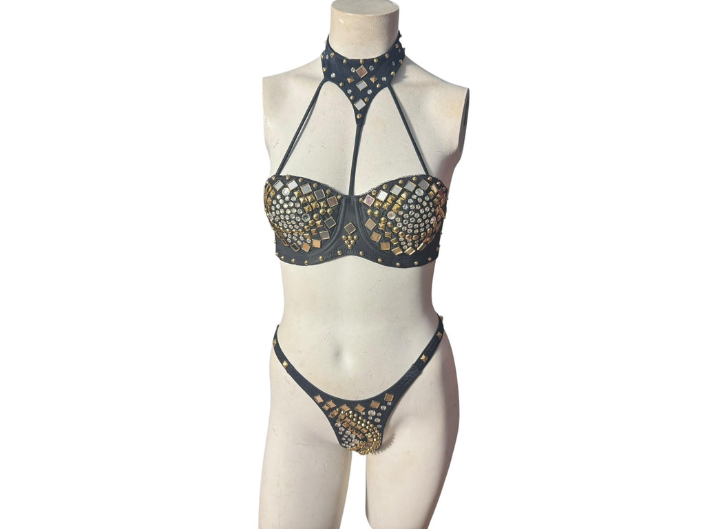 Vintage black & gold stud bra and panties 34B