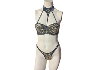 Vintage black & gold stud bra and panties 34B
