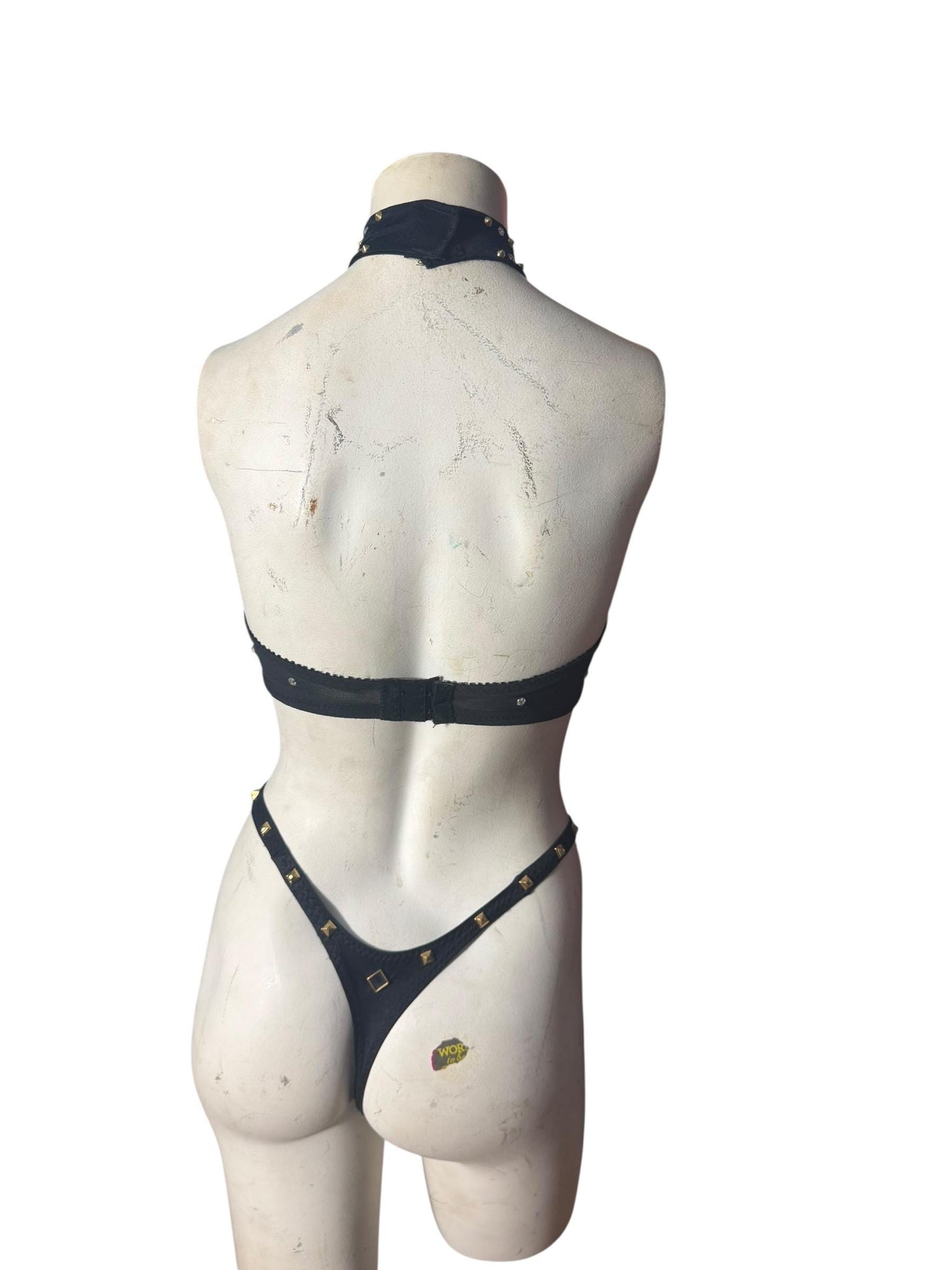 Vintage black & gold stud bra and panties 34B