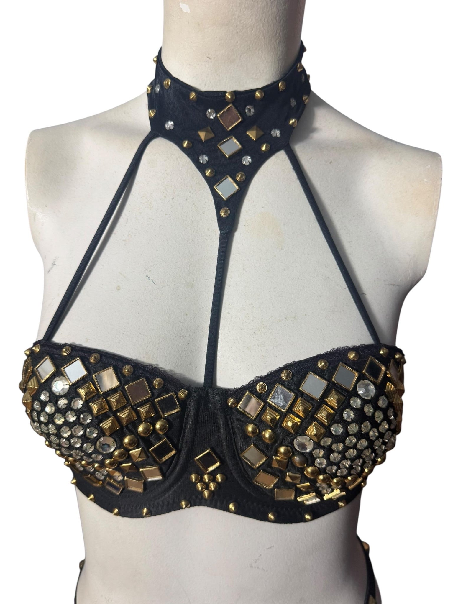 Vintage black & gold stud bra and panties 34B