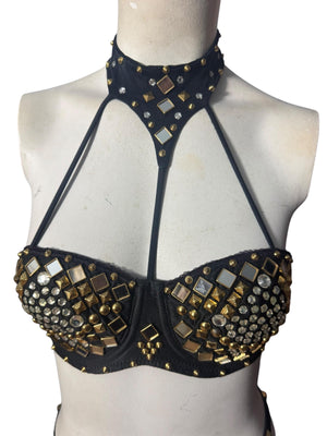 Vintage black & gold stud bra and panties 34B