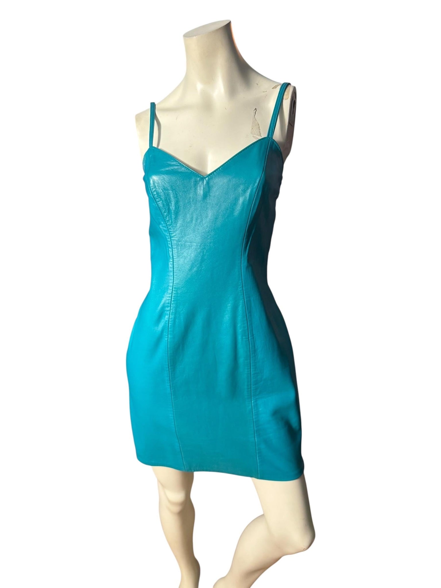 Vintage 1980’s turquoise leather dress S Firenze