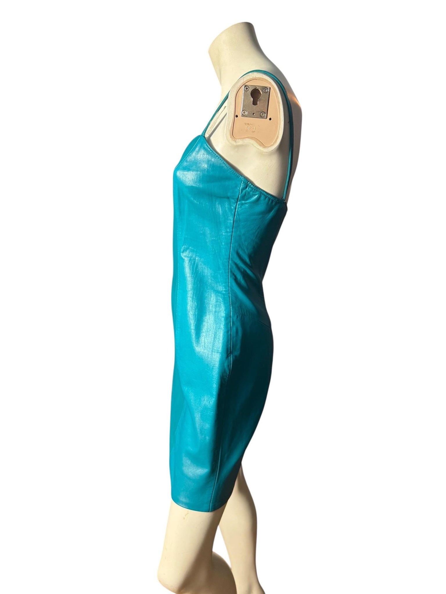 Vintage 1980’s turquoise leather dress S Firenze