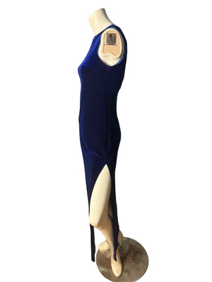 vintage 80's blue velour long dress M cut out Zum Zum