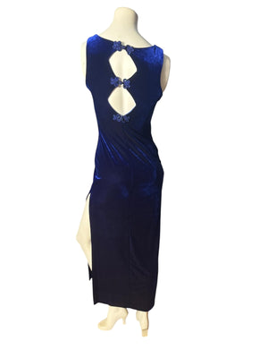 vintage 80's blue velour long dress M cut out Zum Zum
