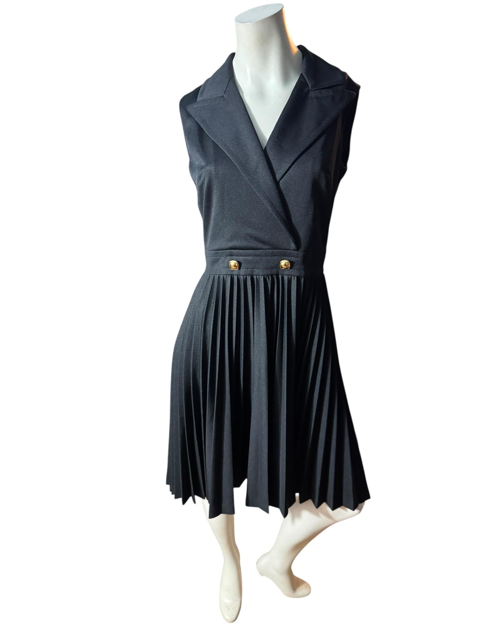 Vintage 70's black pleated dress M 14 Butte Knit